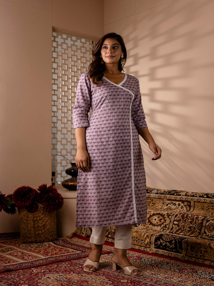 Floral Printed V-Neck  Kurta (LAVENDER)