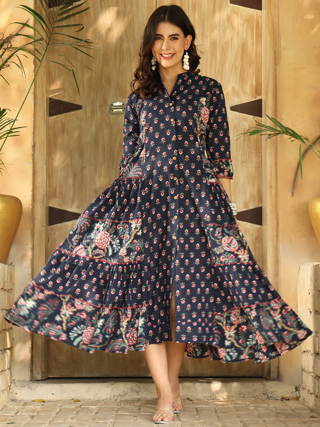 Floral Printed Band Colour Calf Length Kurta (NAVY BLUE)