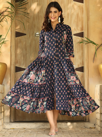 Floral Printed Band Colour Calf Length Kurta (NAVY BLUE)