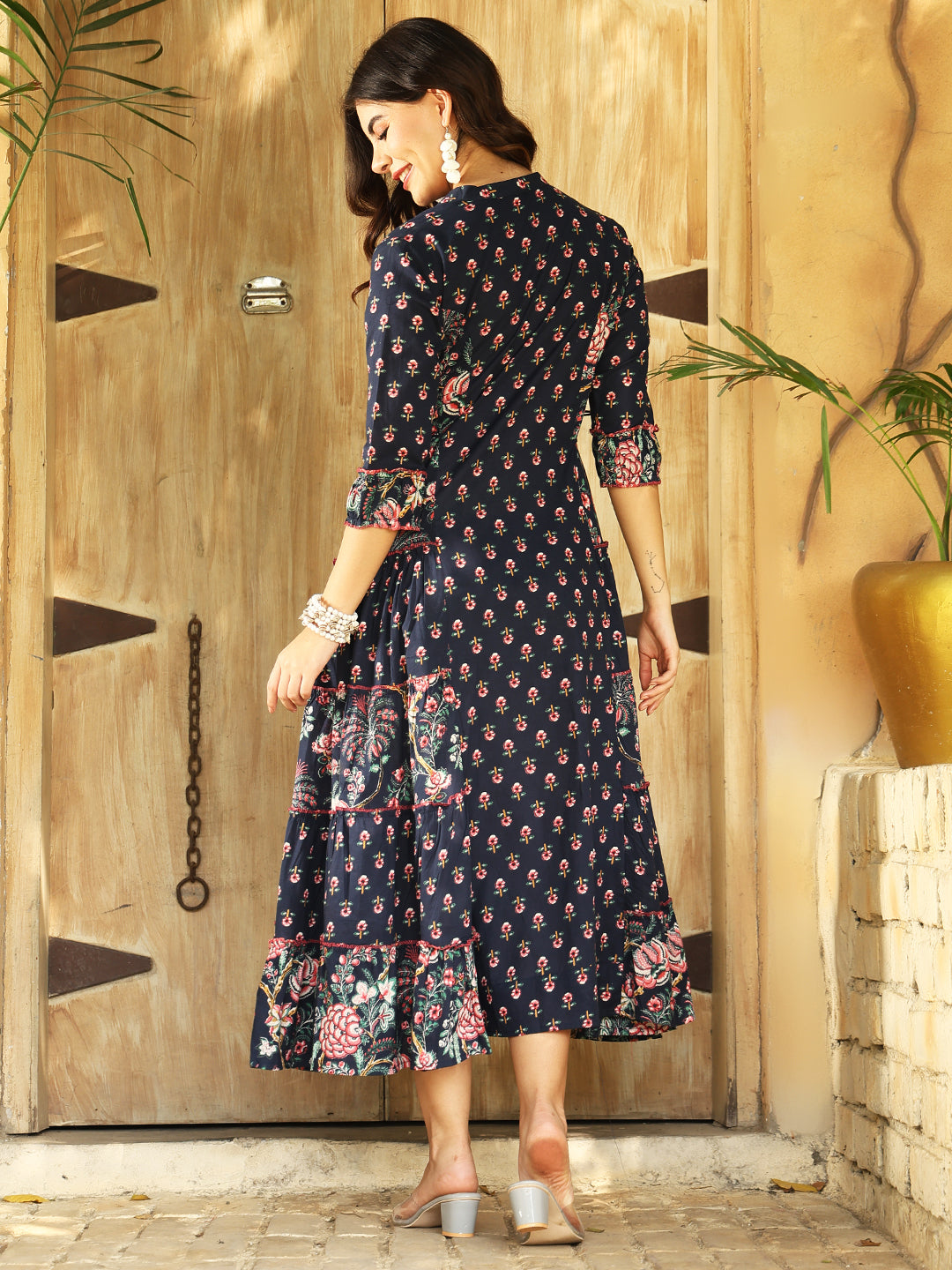 Floral Printed Band Colour Calf Length Kurta (NAVY BLUE)