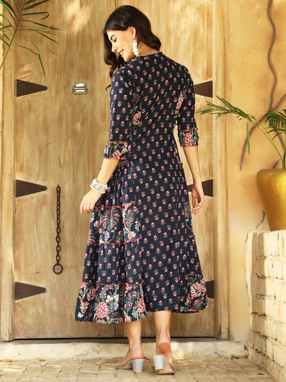 Floral Printed Band Colour Calf Length Kurta (NAVY BLUE)