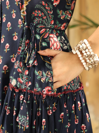 Floral Printed Band Colour Calf Length Kurta (NAVY BLUE)