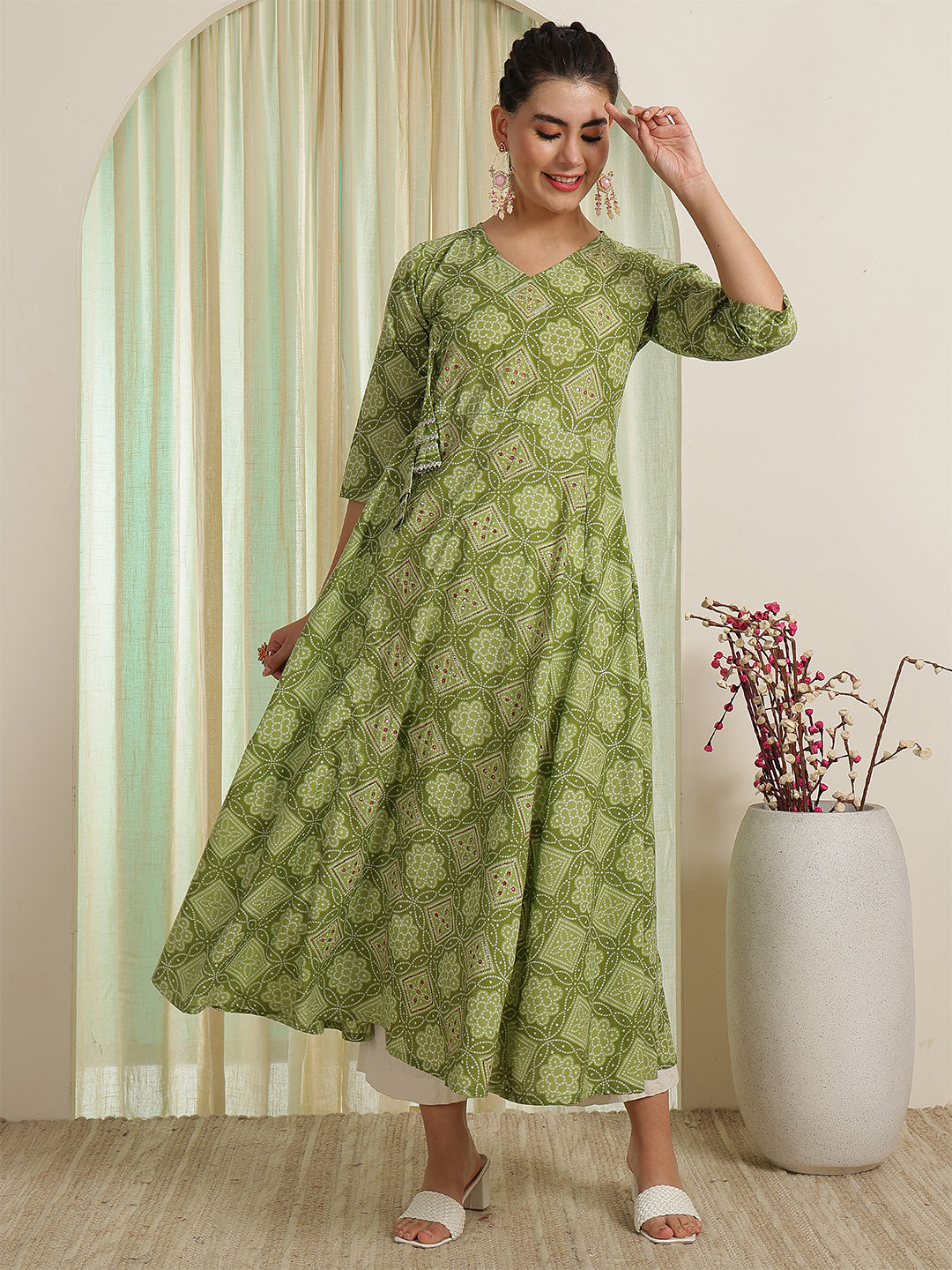 Bandhani Embroidered Mirror Work Anarkali Kurta
