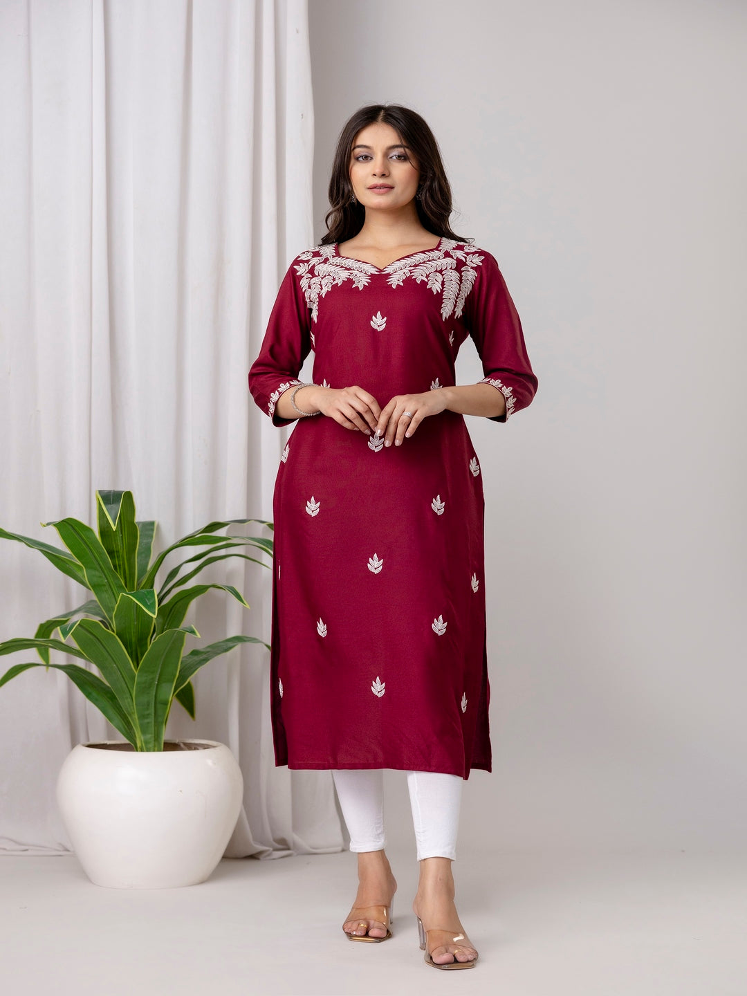 Maroon Rayon Blend Embroidered Straight Kurta