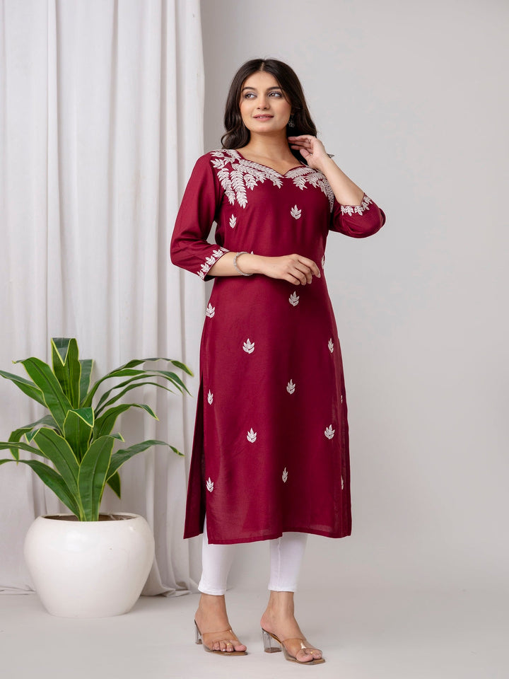 Maroon Rayon Blend Embroidered Straight Kurta