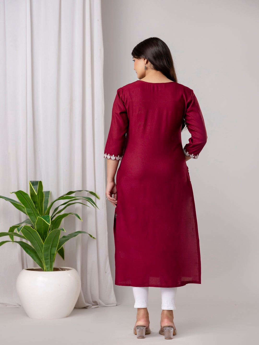 Maroon Rayon Blend Embroidered Straight Kurta