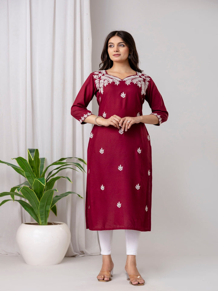 Maroon Rayon Blend Embroidered Straight Kurta