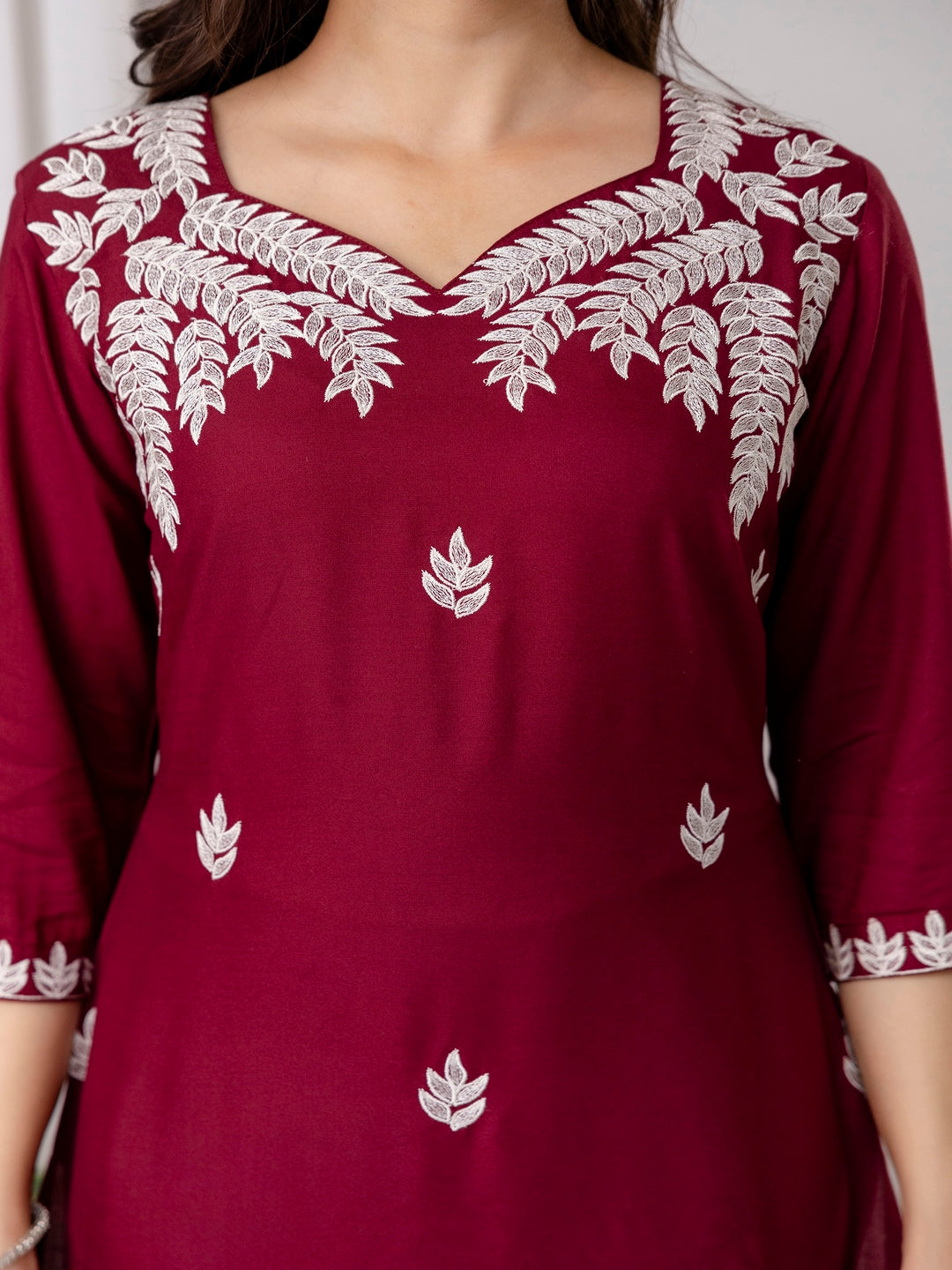 Maroon Rayon Blend Embroidered Straight Kurta