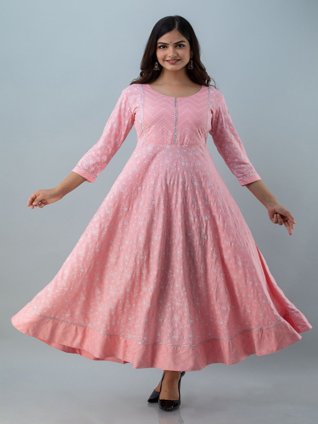 Cotton Ankle Length Printed Flared 3/4 Sleeves Angrakha Kurta (Preorder)