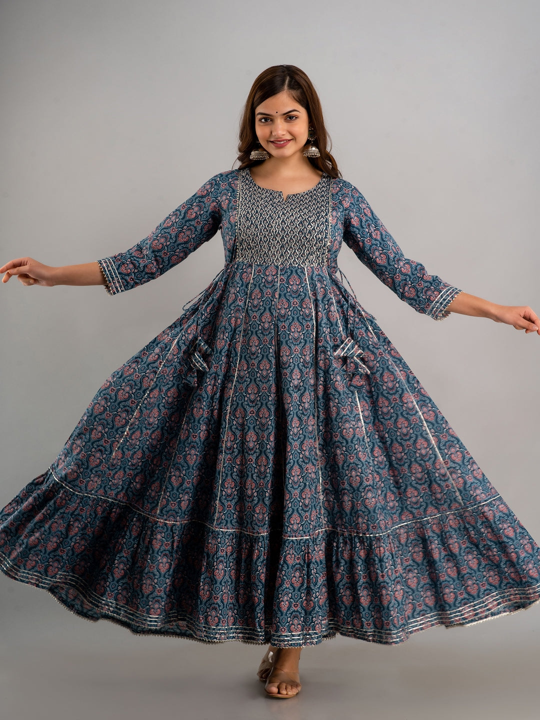 Printed Pure Cotton Embroidered Round Neck 3/4 Sleeves Ankle Flared Kurta