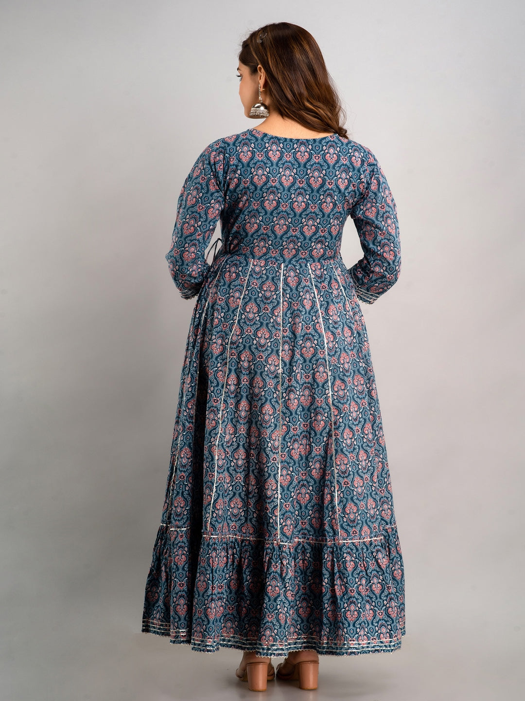 Printed Pure Cotton Embroidered Round Neck 3/4 Sleeves Ankle Flared Kurta