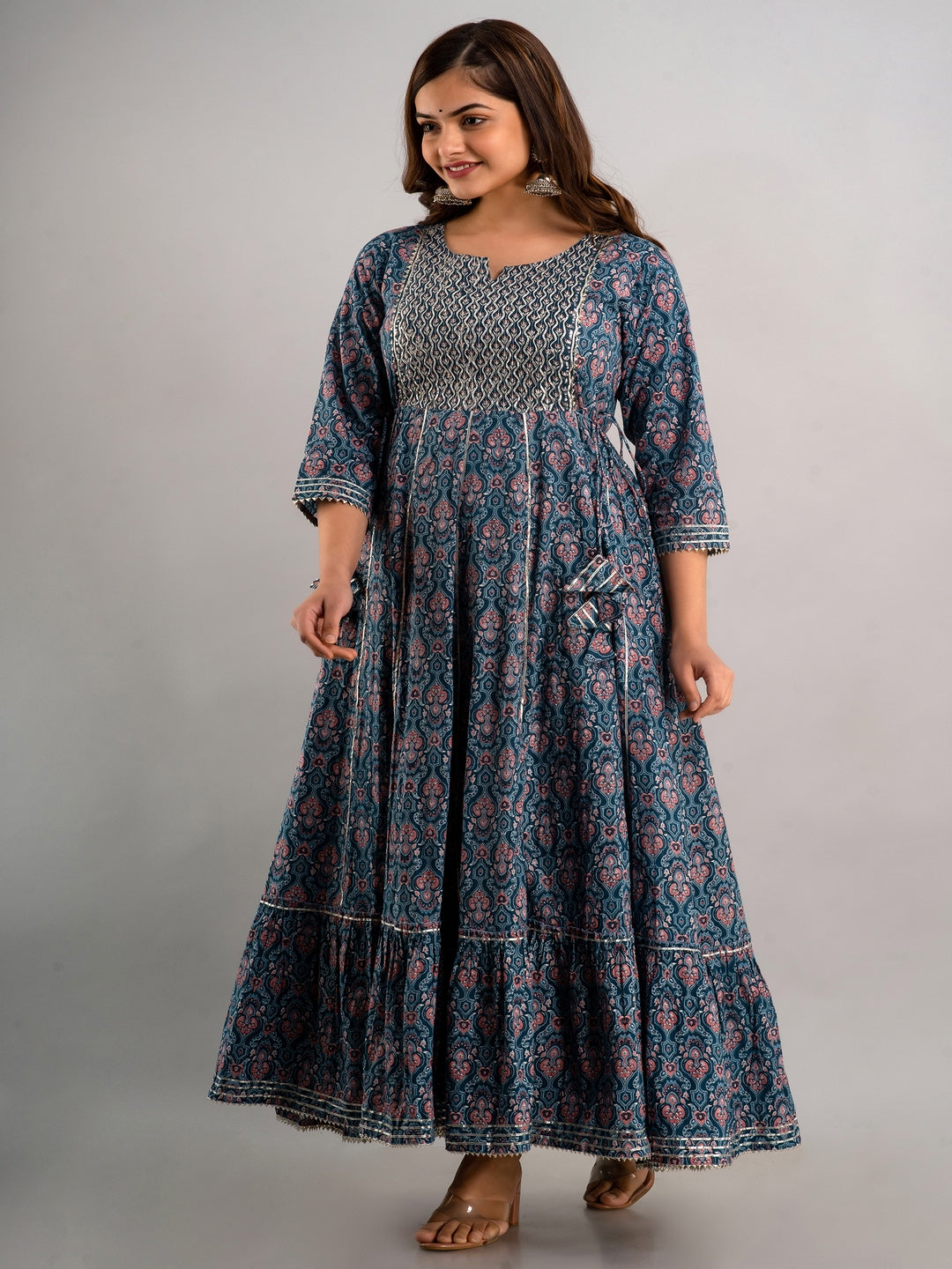 Printed Pure Cotton Embroidered Round Neck 3/4 Sleeves Ankle Flared Kurta