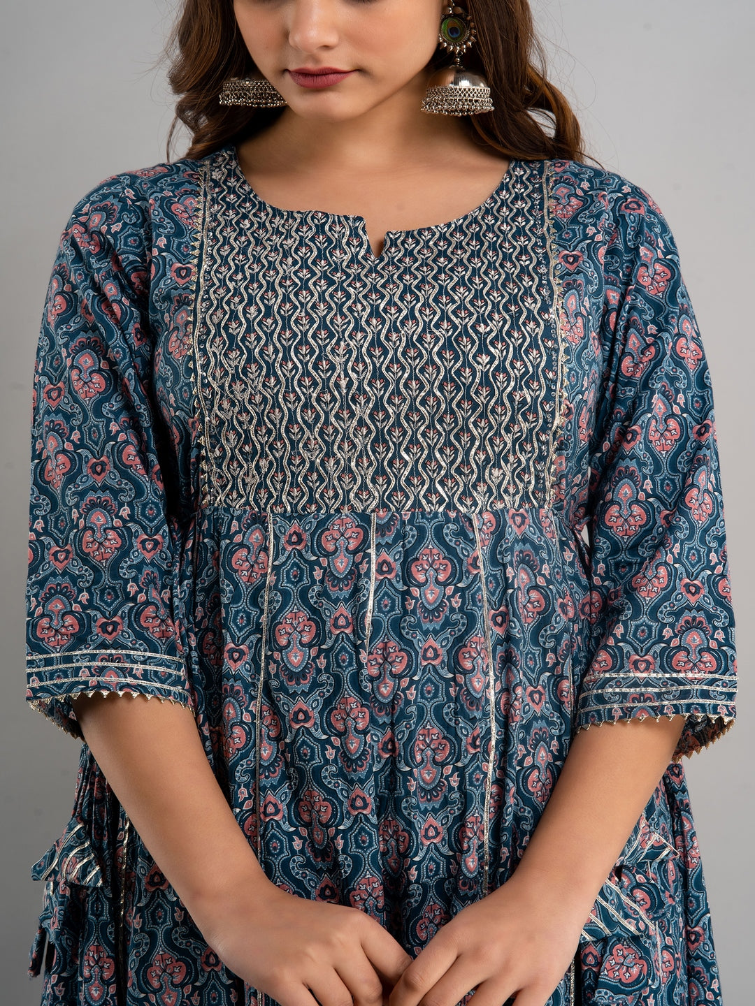 Printed Pure Cotton Embroidered Round Neck 3/4 Sleeves Ankle Flared Kurta