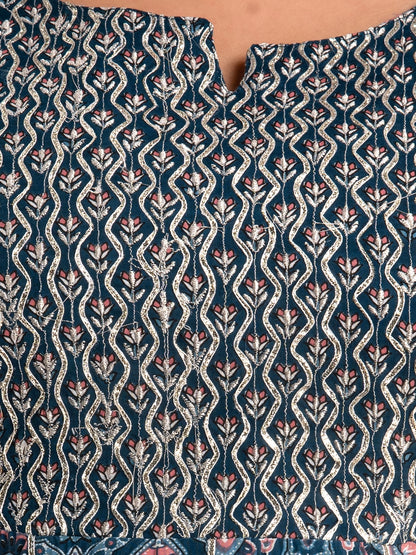 Printed Pure Cotton Embroidered Round Neck 3/4 Sleeves Ankle Flared Kurta