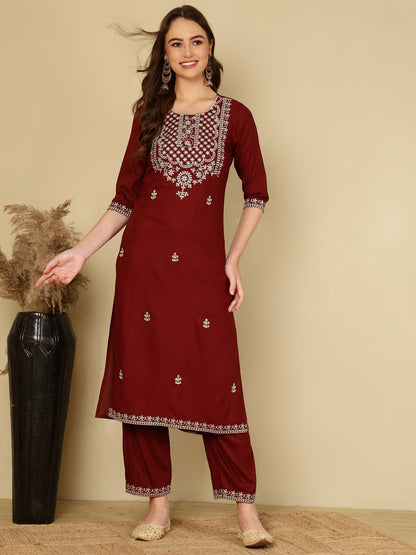 Rayon Embroidered Kurta And Palazzo Set (MAROON)