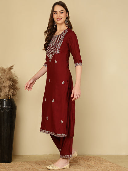 Rayon Embroidered Kurta And Palazzo Set (MAROON)
