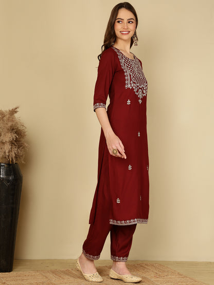 Rayon Embroidered Kurta And Palazzo Set (MAROON)