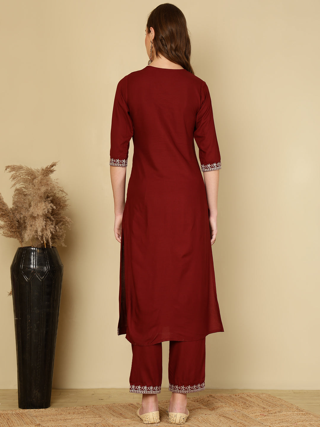 Rayon Embroidered Kurta And Palazzo Set (MAROON)
