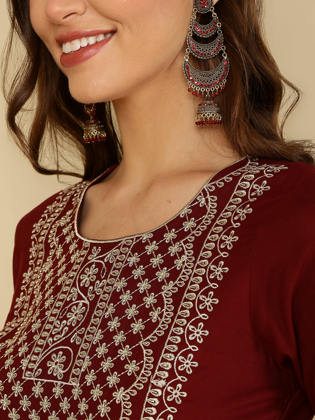 Rayon Embroidered Kurta And Palazzo Set (MAROON)