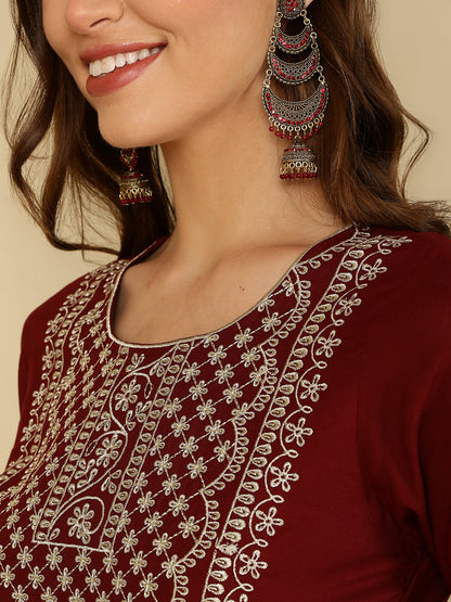 Rayon Embroidered Kurta And Palazzo Set (MAROON)