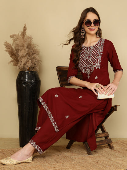 Rayon Embroidered Kurta And Palazzo Set (MAROON)