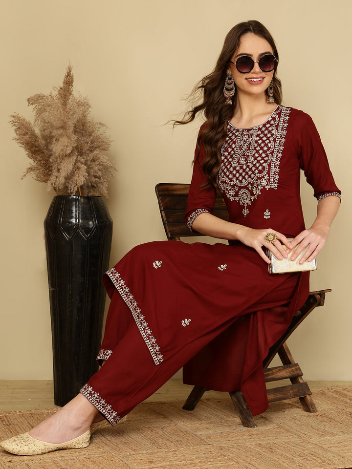 Rayon Embroidered Kurta And Palazzo Set (MAROON)
