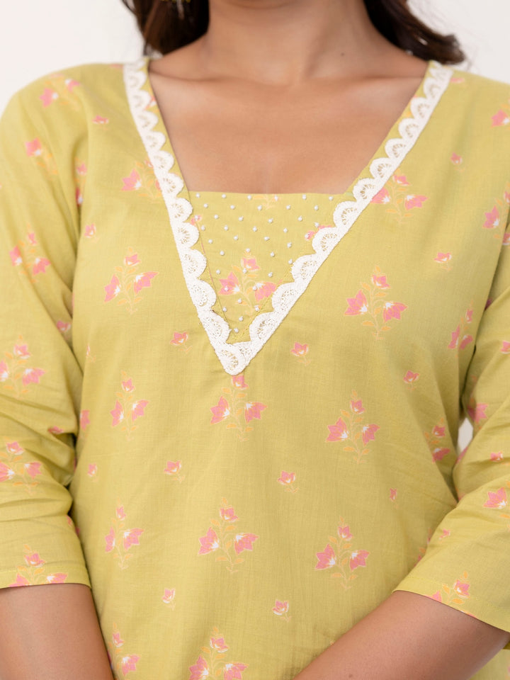 Cotton Printed Kurta And Palazzo Set (GREEN)