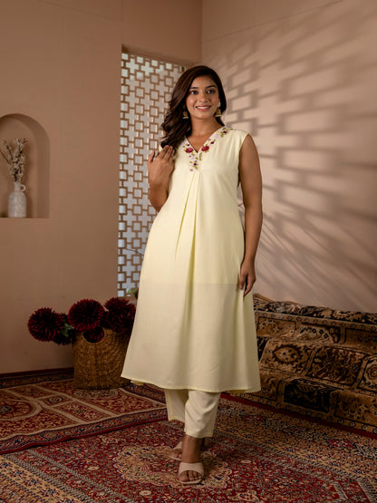 Hand Embroidery Kurta with Palazzo (OFFWHITE)