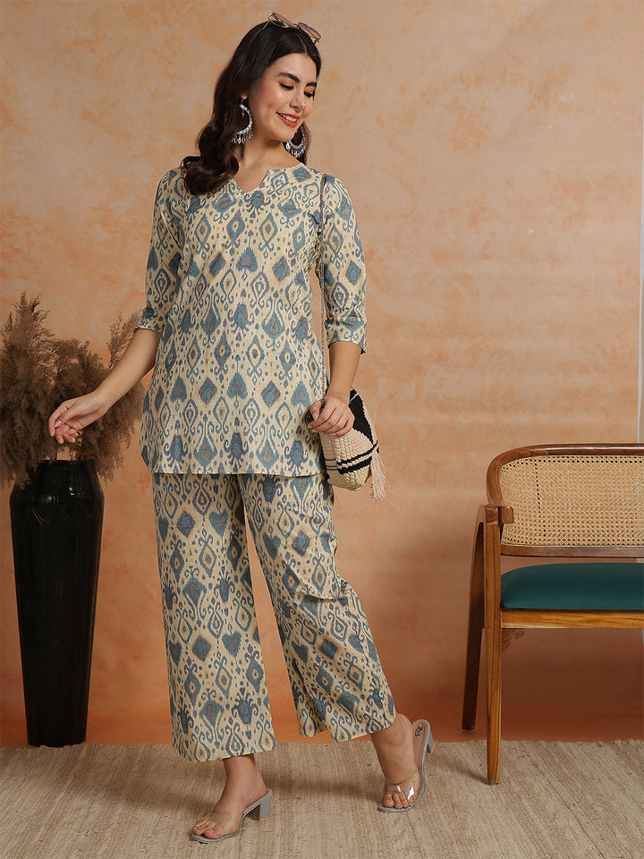 Ikkat Printed 3/4 Sleeves Tunic With Palazzos