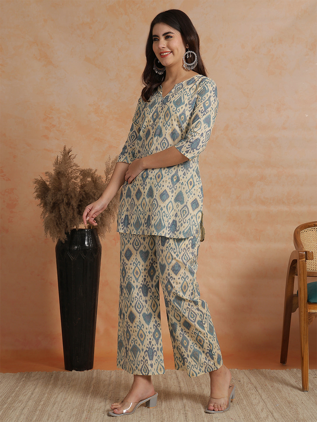 Ikkat Printed 3/4 Sleeves Tunic With Palazzos