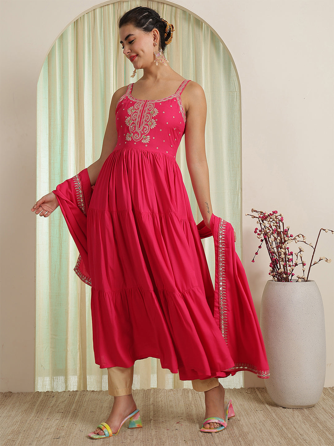 Embroidered Strappy Anarkali Viscose Rayon Kurta With Dupatta