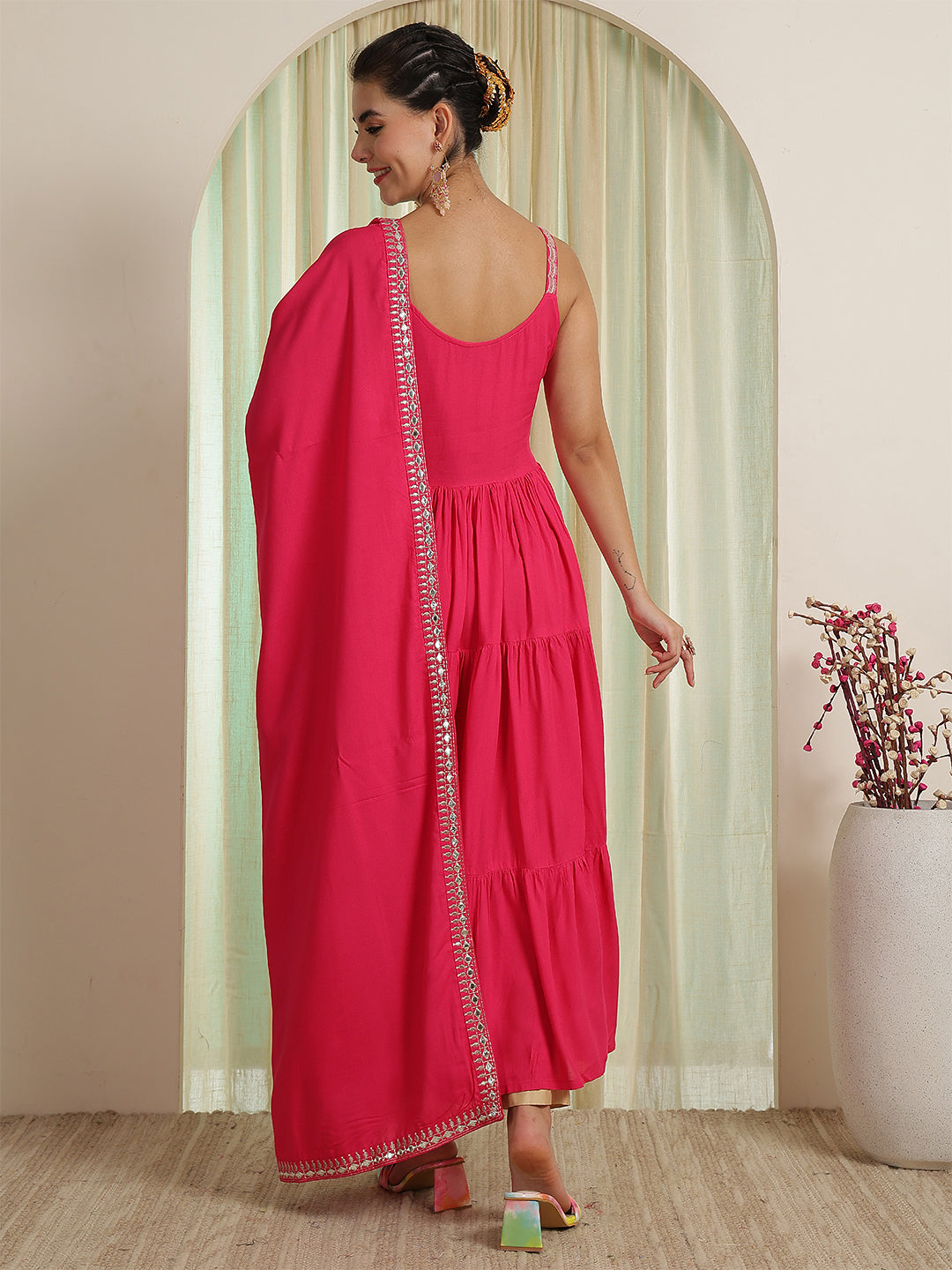 Embroidered Strappy Anarkali Viscose Rayon Kurta With Dupatta