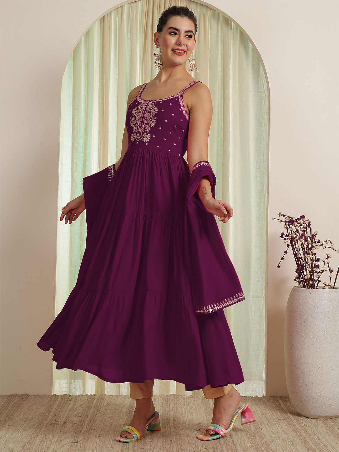 Embroidered Strappy Anarkali Viscose Rayon Kurta With Dupatta