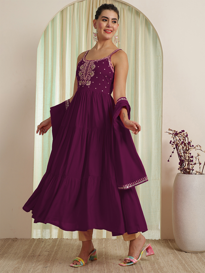 Embroidered Strappy Anarkali Viscose Rayon Kurta With Dupatta