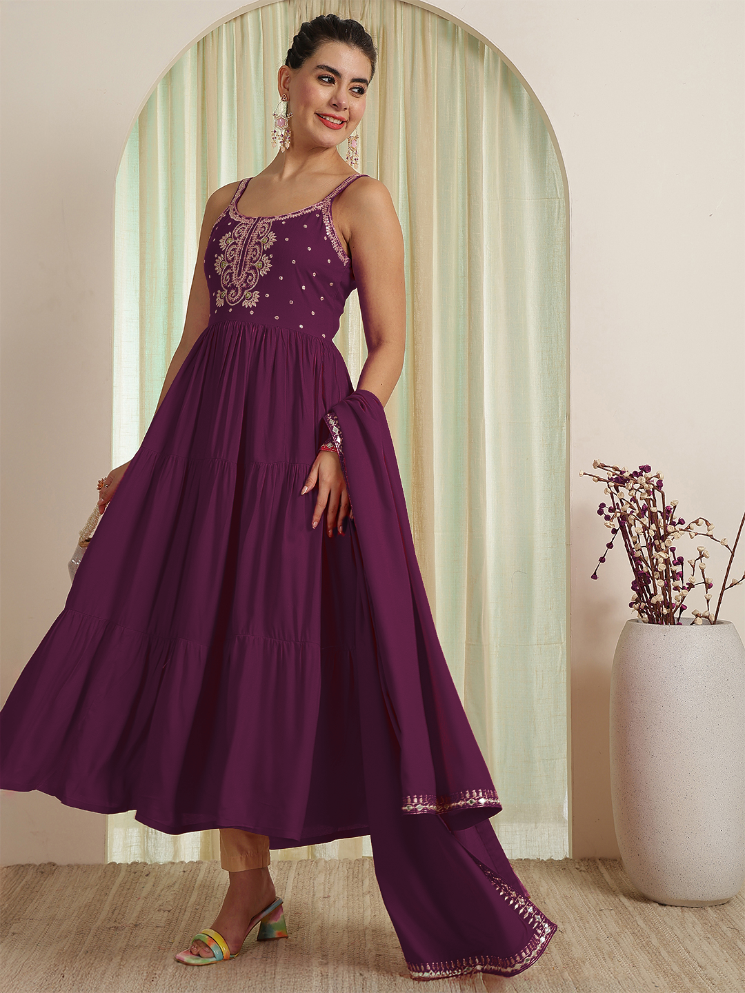 Embroidered Strappy Anarkali Viscose Rayon Kurta With Dupatta
