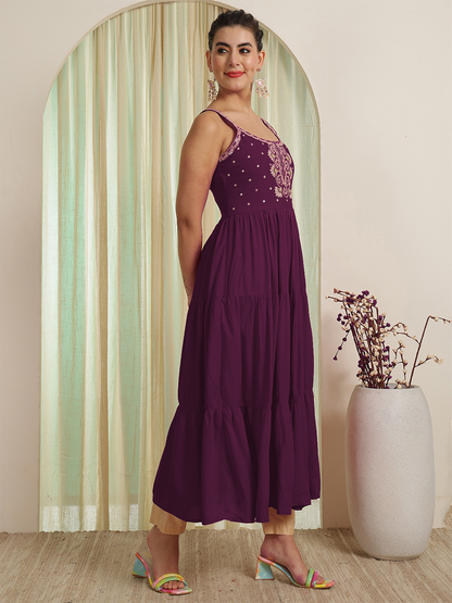 Embroidered Strappy Anarkali Viscose Rayon Kurta With Dupatta