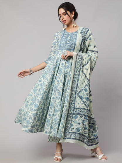 Floral Cotton printed Embroidered Anarkali set with dupatta