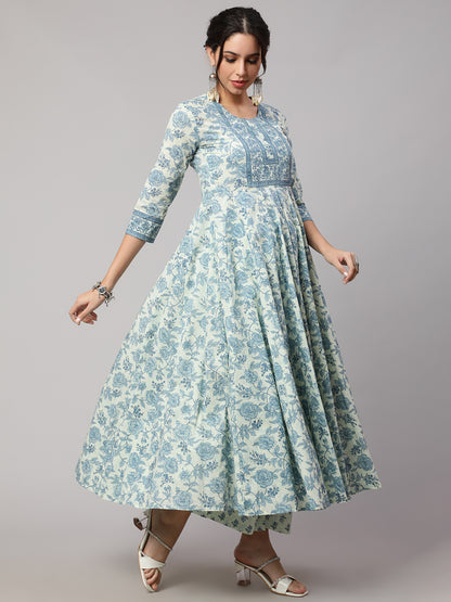 Floral Cotton printed Embroidered Anarkali set with dupatta