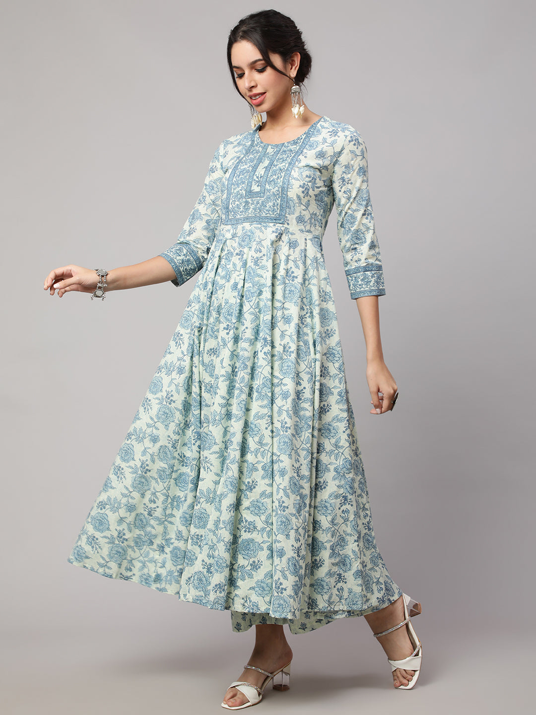 Floral Cotton printed Embroidered Anarkali set with dupatta