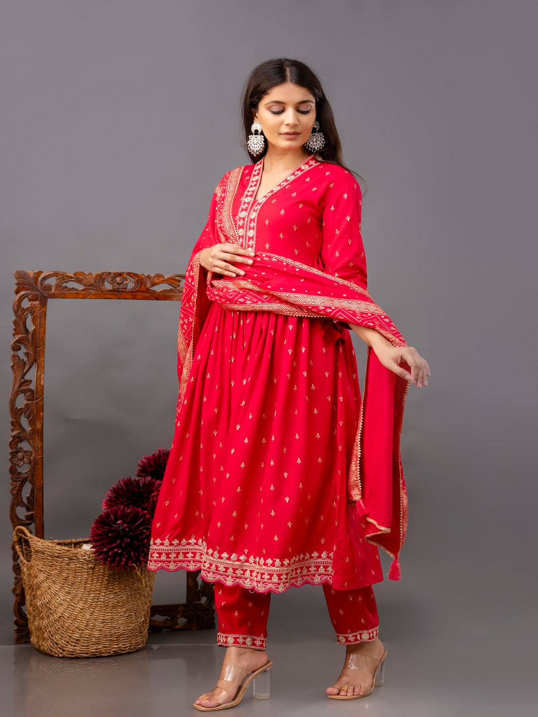 Rayon Printed Kurta With Palazzo &amp; Dupatta Set (Pink)