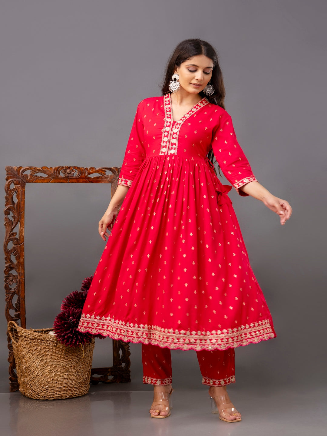 Rayon Printed Kurta With Palazzo &amp; Dupatta Set (Pink)