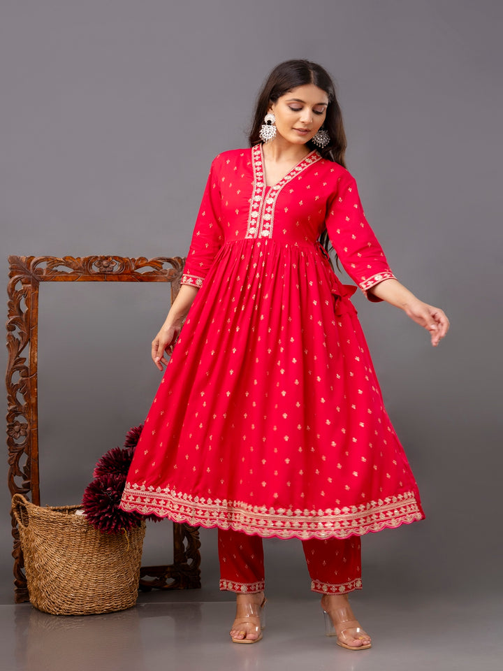 Rayon Printed Kurta With Palazzo &amp; Dupatta Set (Pink)