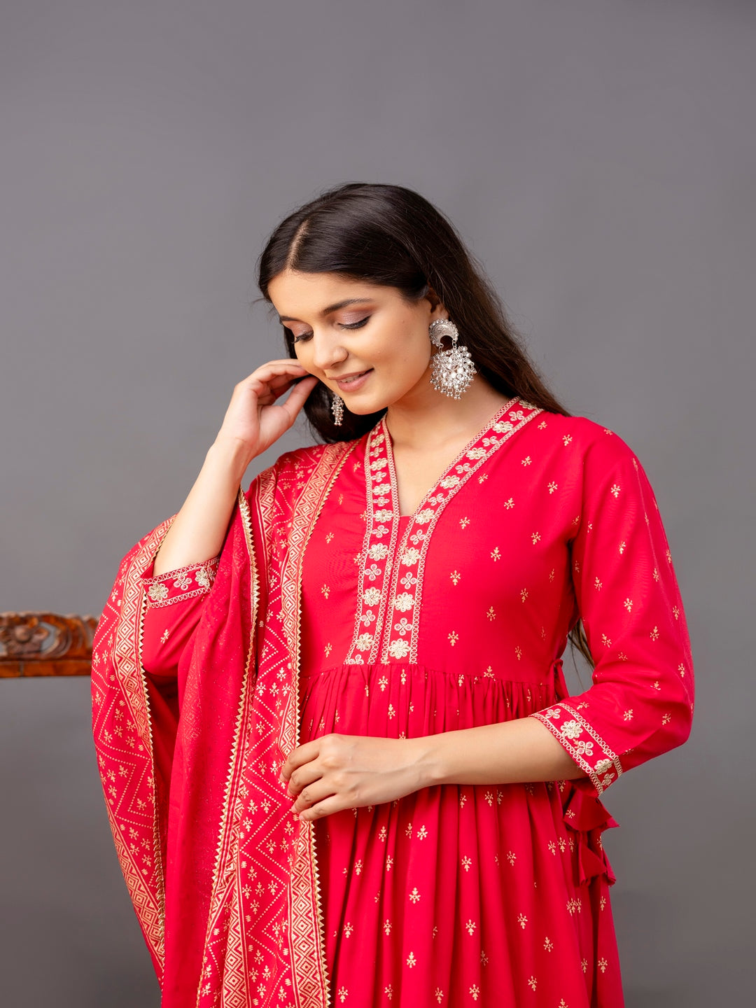 Rayon Printed Kurta With Palazzo &amp; Dupatta Set (Pink)