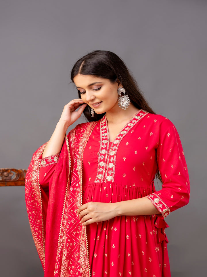 Rayon Printed Kurta With Palazzo &amp; Dupatta Set (Pink)
