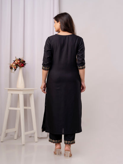 Cotton Embroidered Straight Kurta With Palazzos & Dupatta (Black)