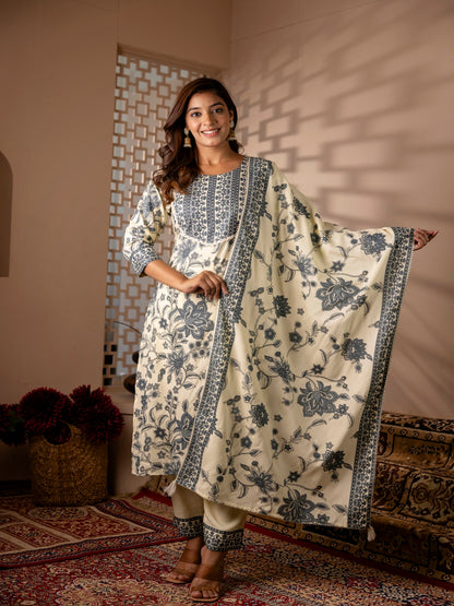 Ryon Printed Kurta with Palazzos & Dupatta (OFF WHITE)