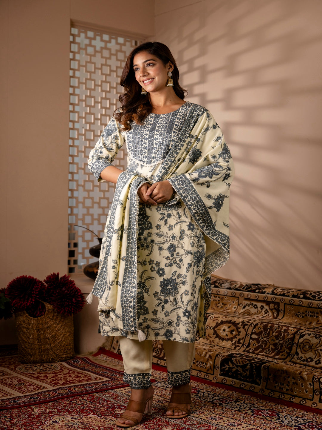 Ryon Printed Kurta with Palazzos & Dupatta (OFF WHITE)