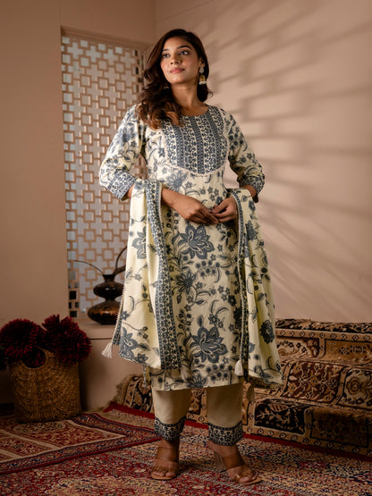 Ryon Printed Kurta with Palazzos & Dupatta (OFF WHITE)
