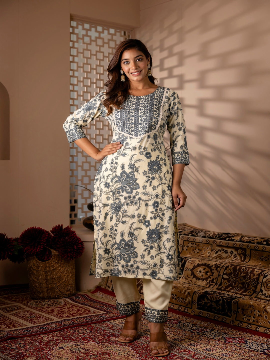 Ryon Printed Kurta with Palazzos & Dupatta (OFF WHITE)