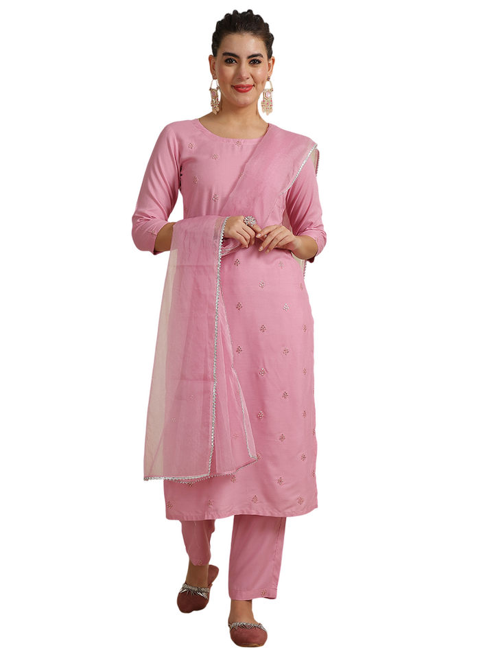 Mirror Embroidery Kurta &amp; Palazzos With Dupatta